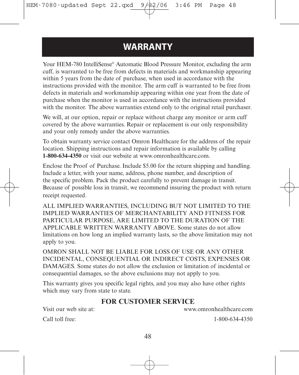 Warranty | Omron Healthcare COMFIT HEM-780 User Manual | Page 48 / 52