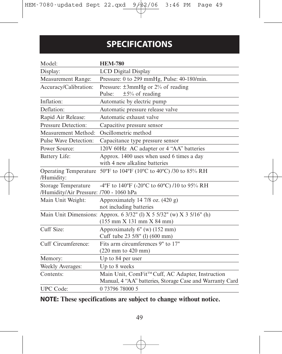 Specifications | Omron Healthcare COMFIT HEM-780 User Manual | Page 49 / 52