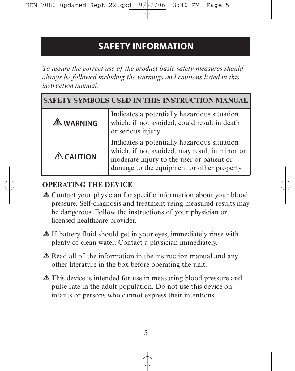 Safety information, Operating the device | Omron Healthcare COMFIT HEM-780 User Manual | Page 5 / 52