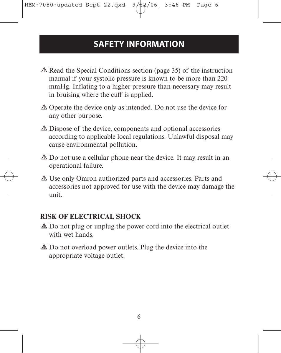 Risk of electrical shock, Safety information | Omron Healthcare COMFIT HEM-780 User Manual | Page 6 / 52