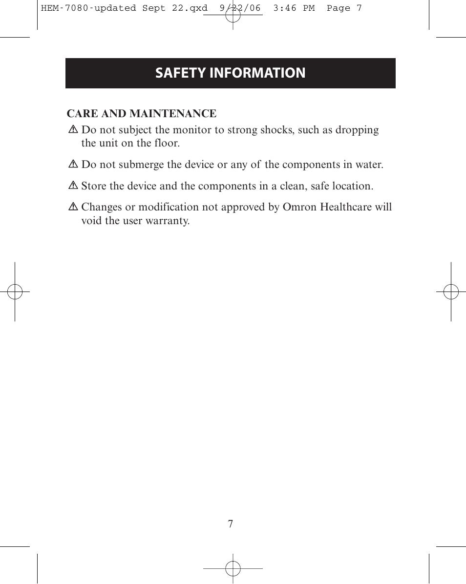 Care and maintenance, Safety information | Omron Healthcare COMFIT HEM-780 User Manual | Page 7 / 52