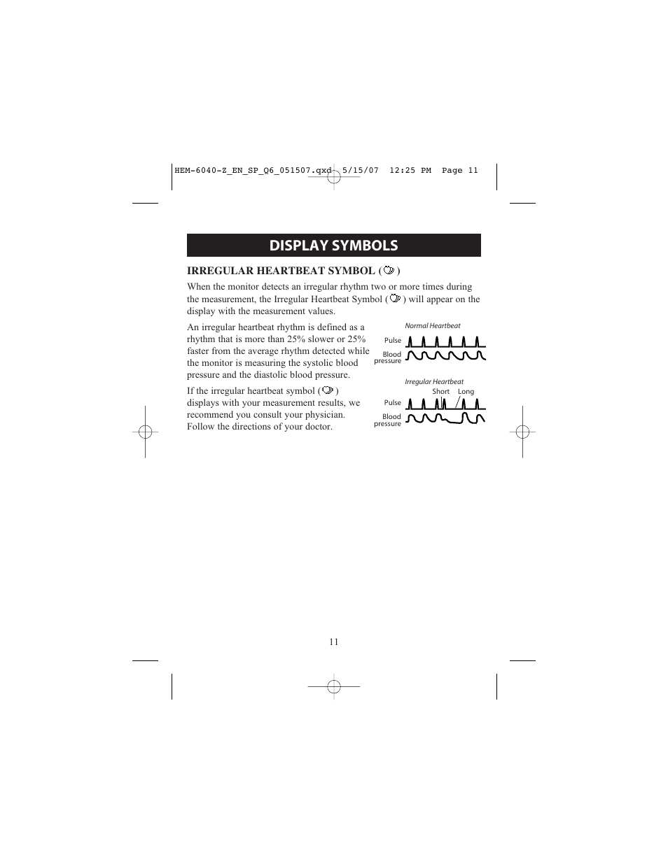 Display symbols | Omron Healthcare HEM670IT User Manual | Page 11 / 74