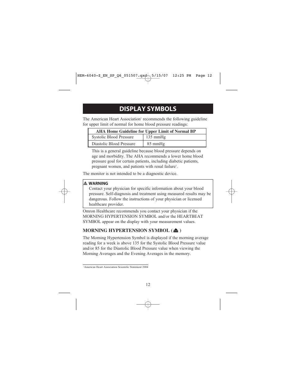 Display symbols | Omron Healthcare HEM670IT User Manual | Page 12 / 74