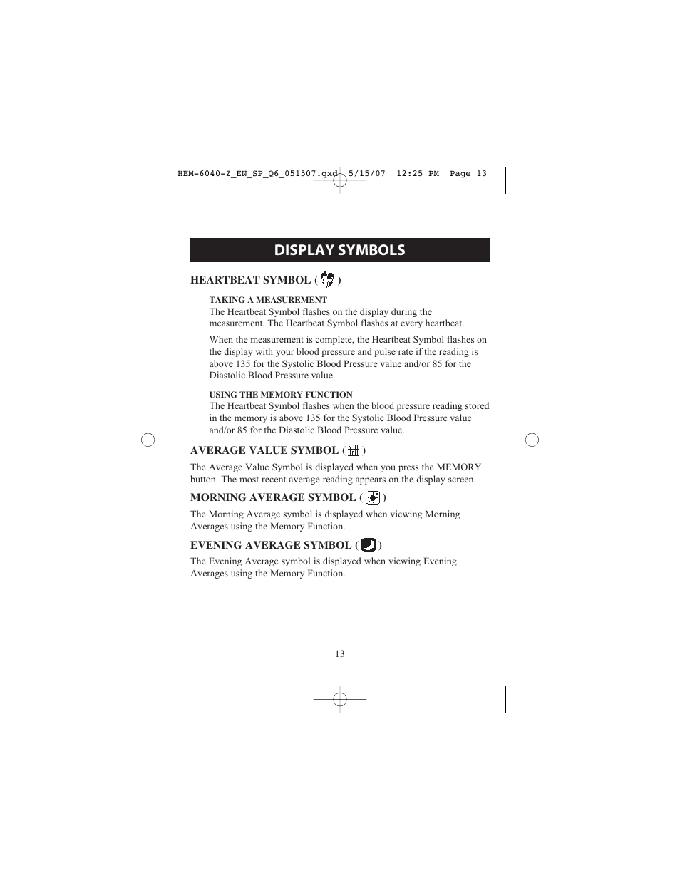 Display symbols | Omron Healthcare HEM670IT User Manual | Page 13 / 74