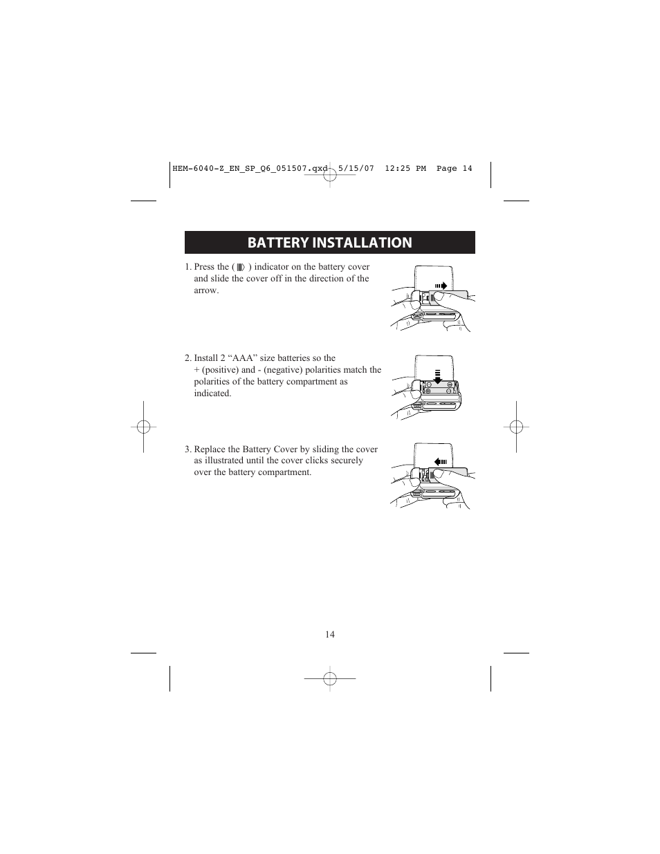 Battery installation | Omron Healthcare HEM670IT User Manual | Page 14 / 74