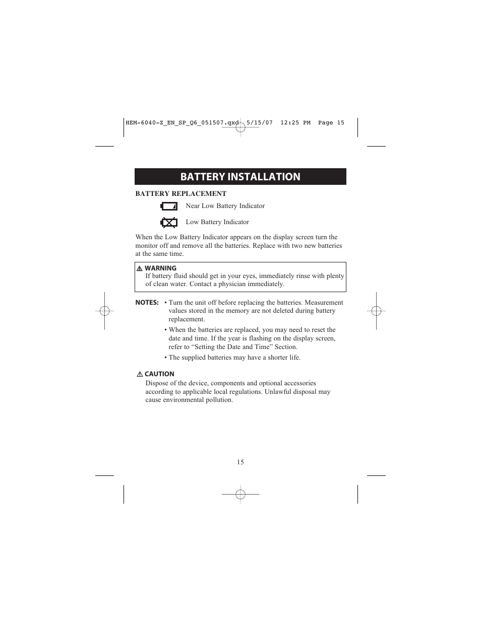 Battery installation | Omron Healthcare HEM670IT User Manual | Page 15 / 74