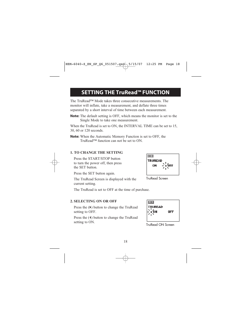 Setting the truread™ function | Omron Healthcare HEM670IT User Manual | Page 18 / 74