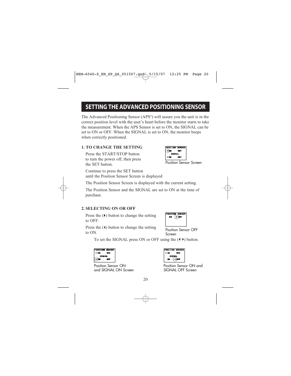 Setting the advanced positioning sensor | Omron Healthcare HEM670IT User Manual | Page 20 / 74