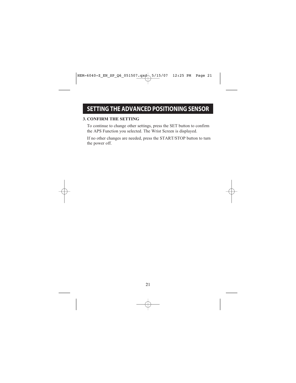 Setting the advanced positioning sensor | Omron Healthcare HEM670IT User Manual | Page 21 / 74