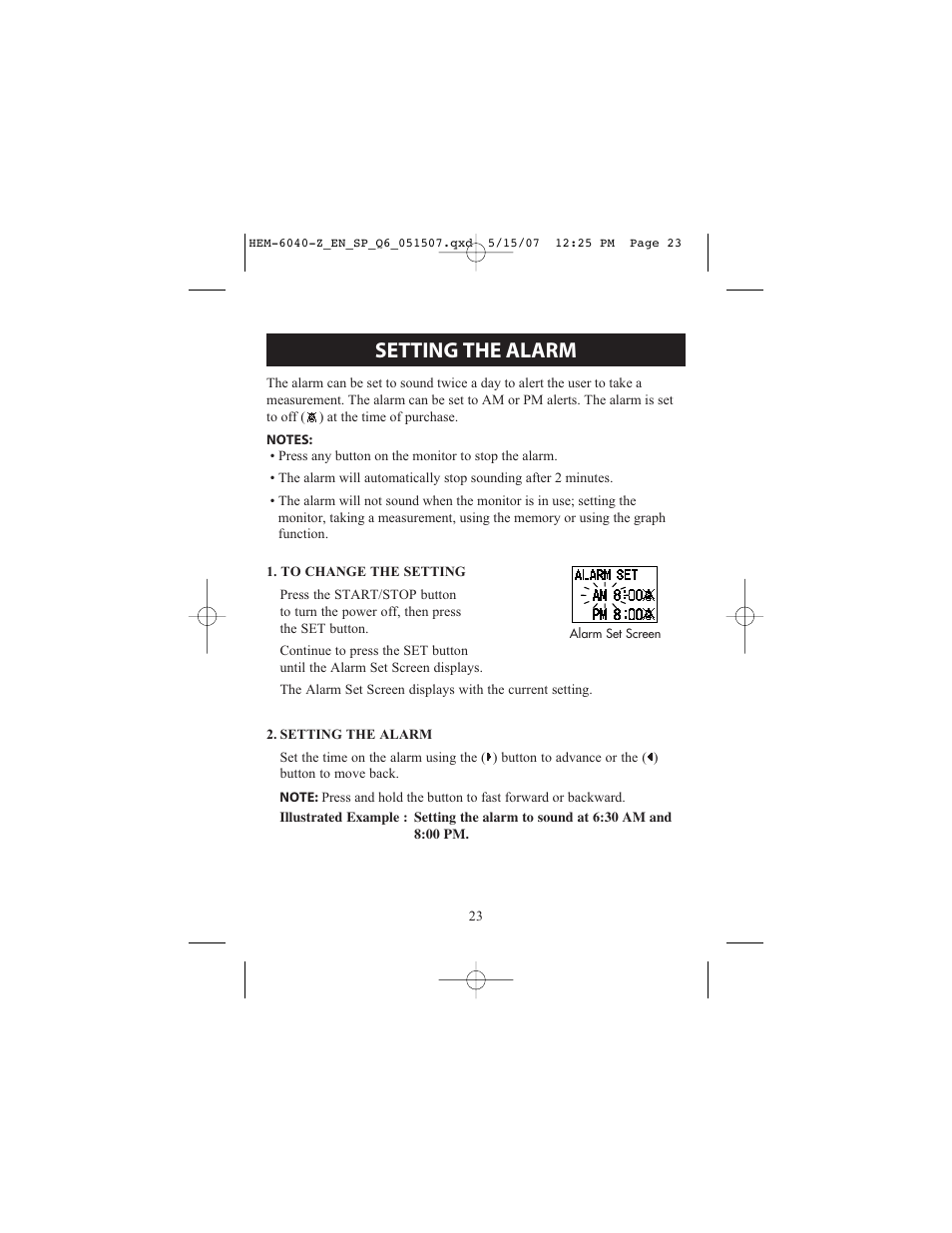 Setting the alarm | Omron Healthcare HEM670IT User Manual | Page 23 / 74