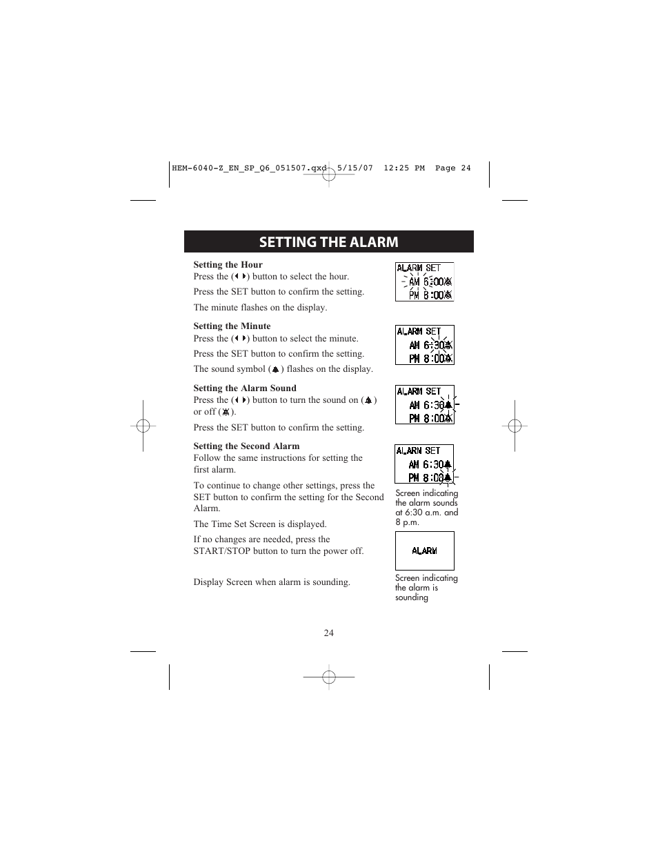 Setting the alarm | Omron Healthcare HEM670IT User Manual | Page 24 / 74