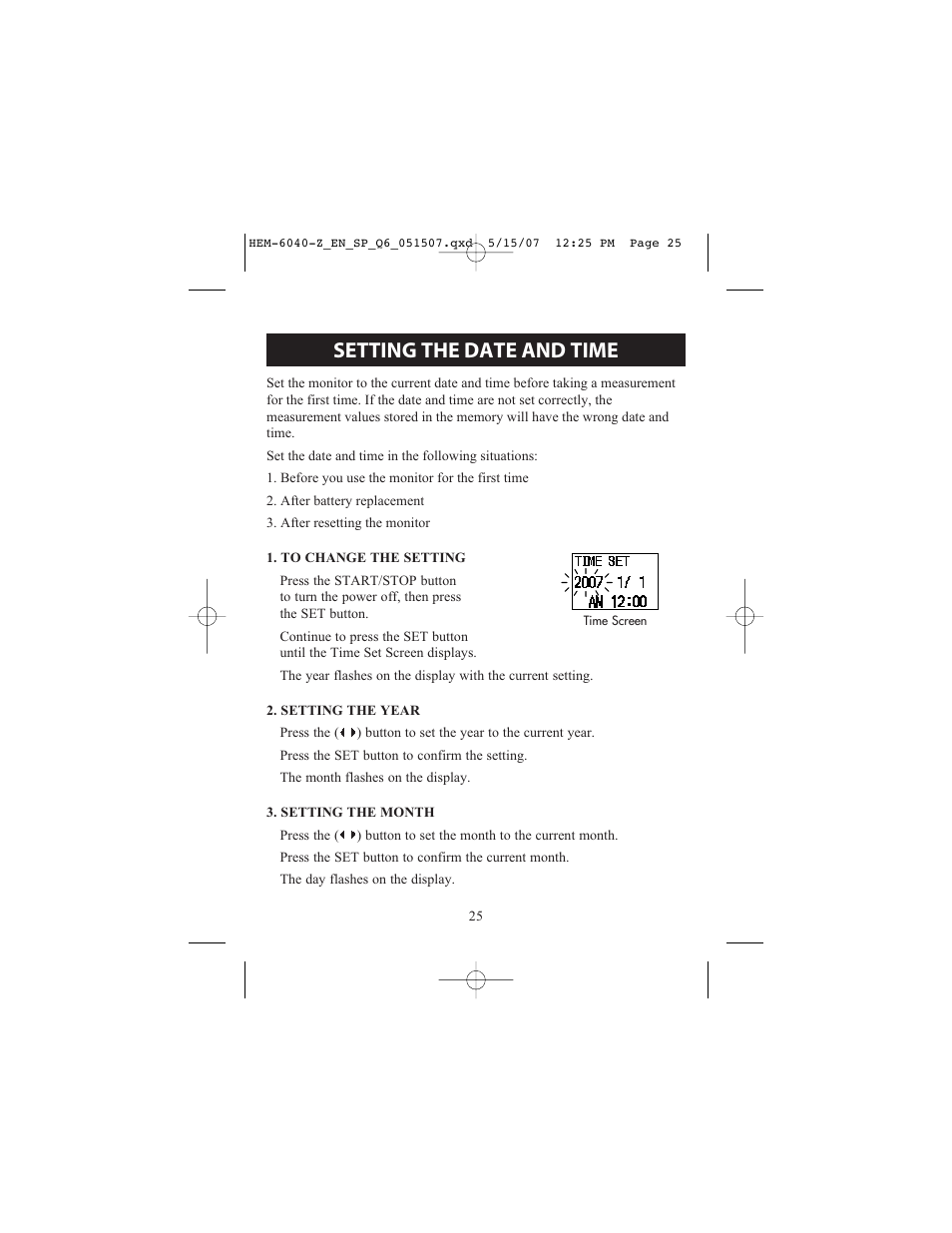 Setting the date and time | Omron Healthcare HEM670IT User Manual | Page 25 / 74