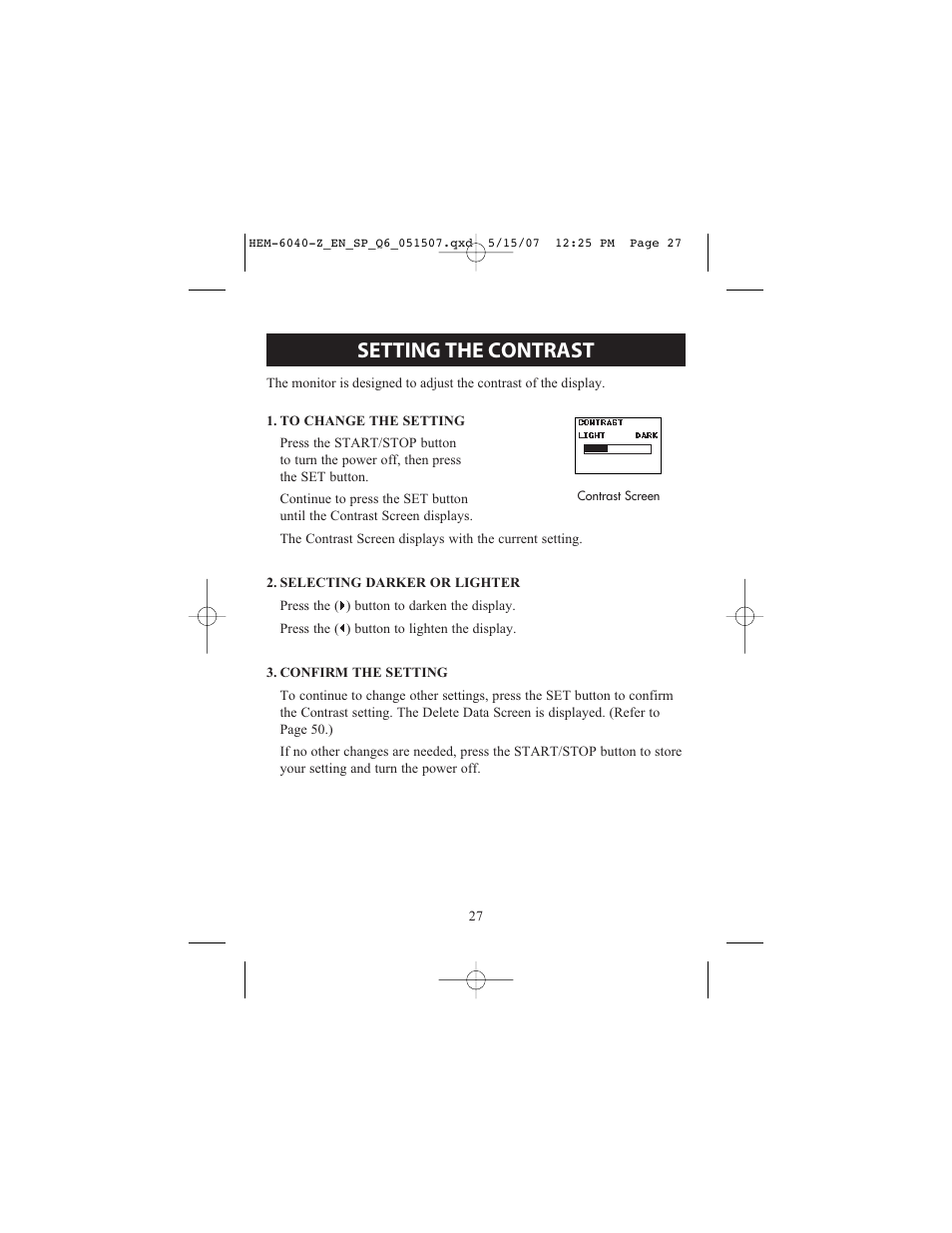 Setting the contrast | Omron Healthcare HEM670IT User Manual | Page 27 / 74