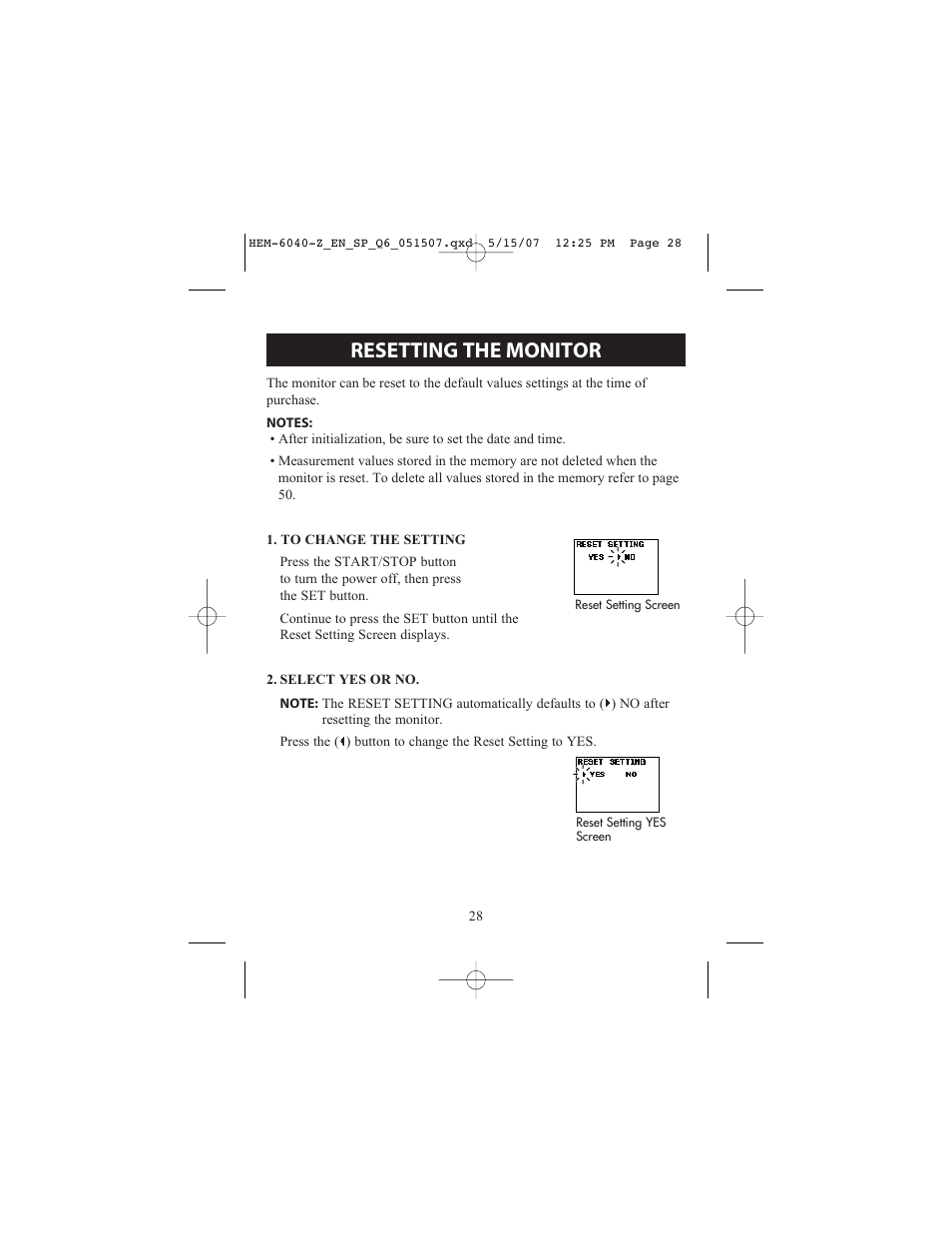 Resetting the monitor | Omron Healthcare HEM670IT User Manual | Page 28 / 74