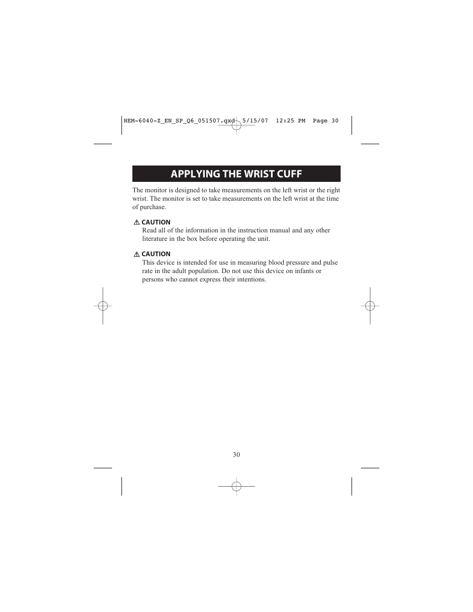 Applying the wrist cuff | Omron Healthcare HEM670IT User Manual | Page 30 / 74