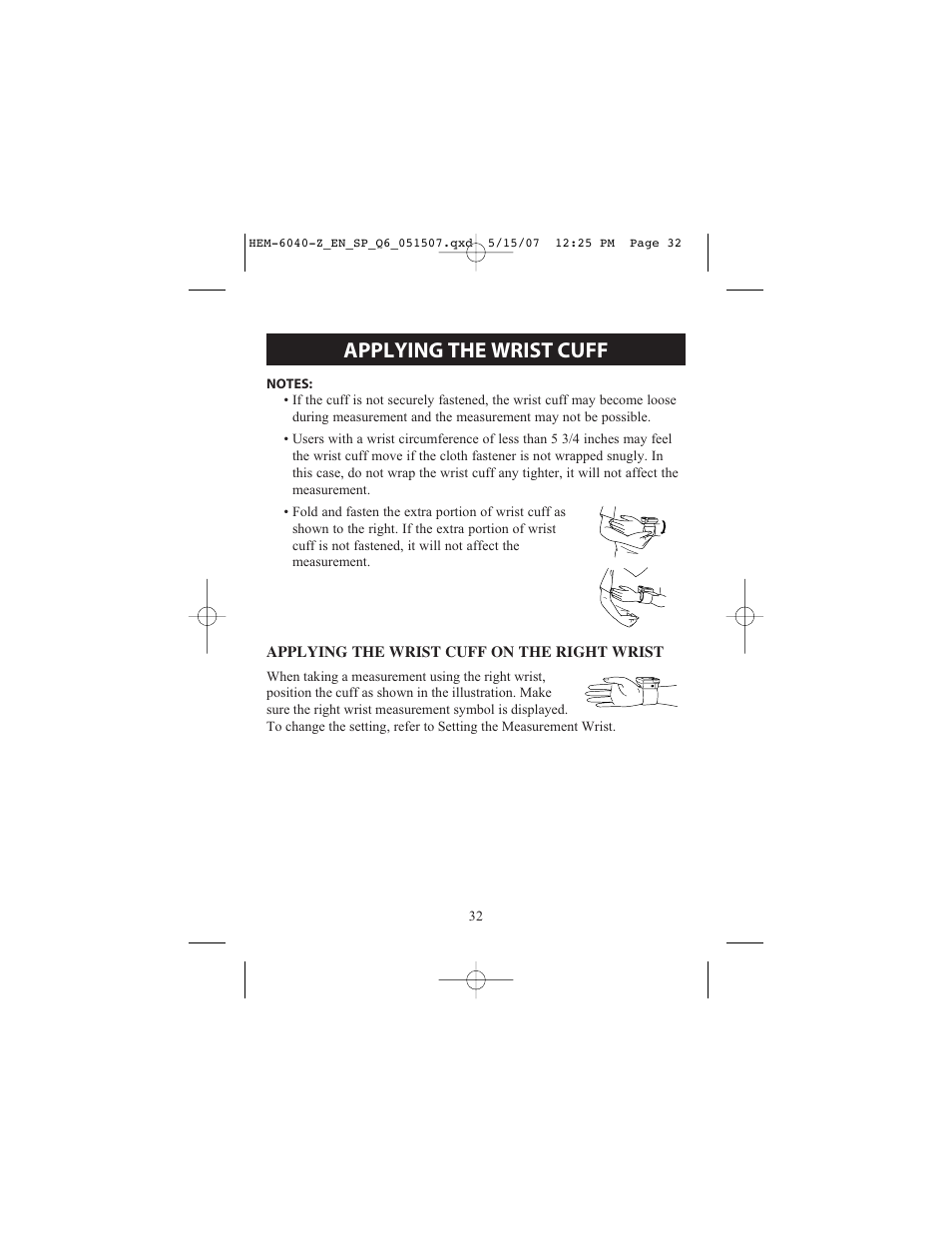 Applying the wrist cuff | Omron Healthcare HEM670IT User Manual | Page 32 / 74