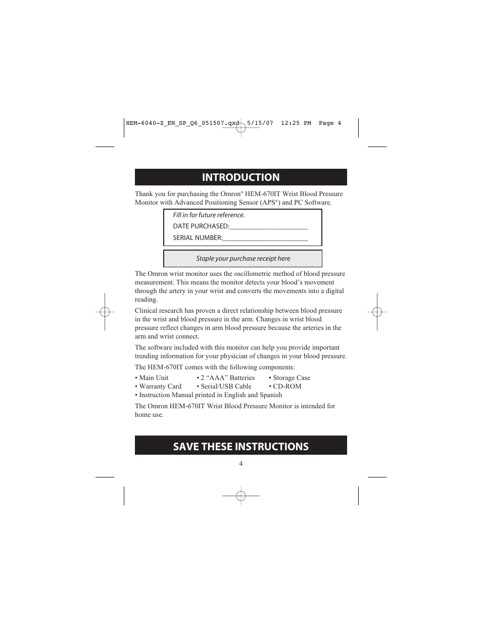 Introduction, Save these instructions | Omron Healthcare HEM670IT User Manual | Page 4 / 74