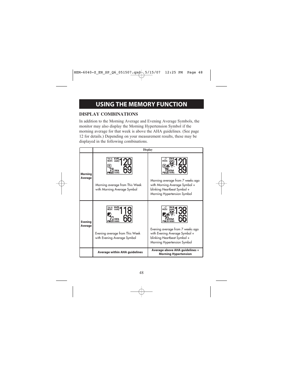 Display combinations | Omron Healthcare HEM670IT User Manual | Page 48 / 74