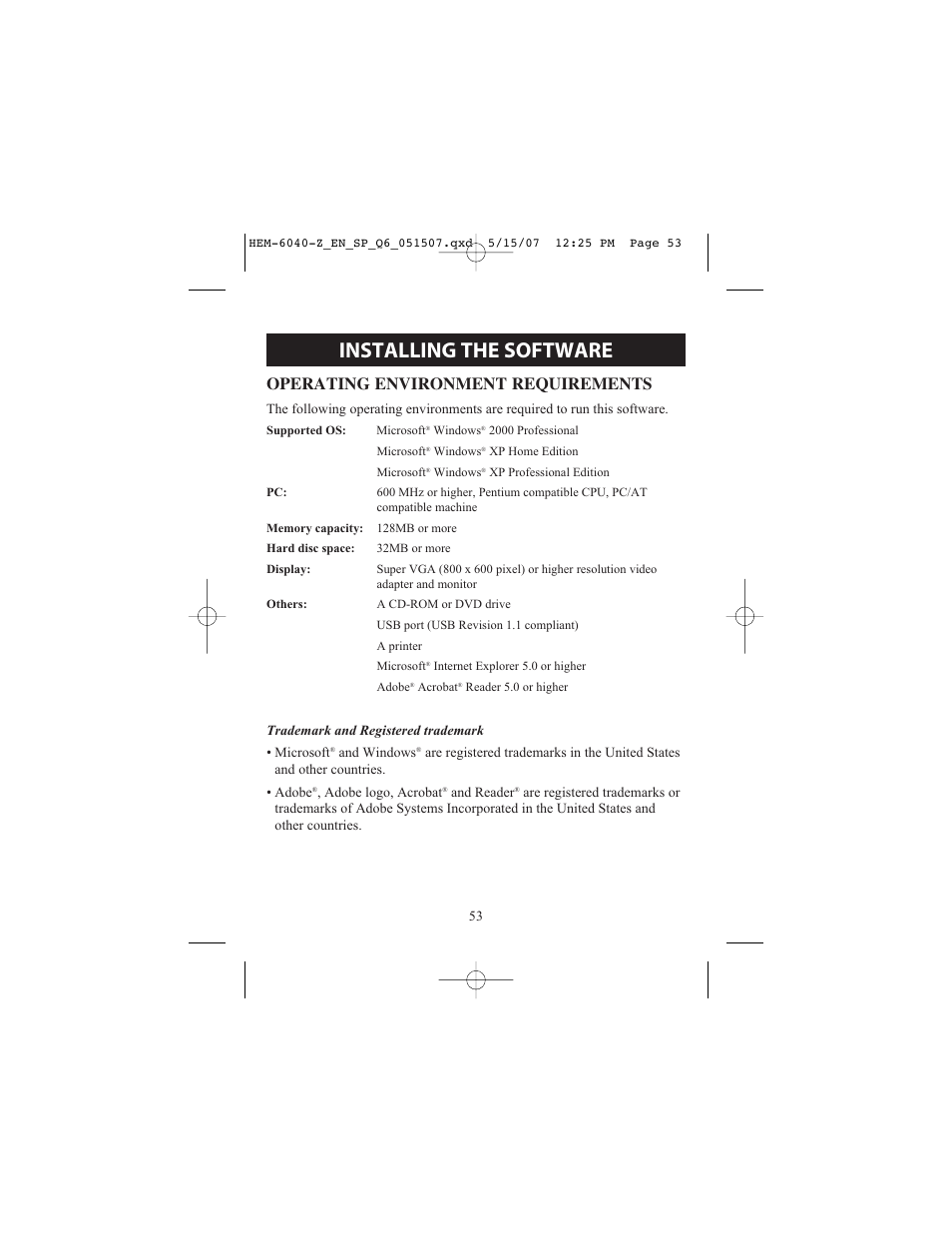 Installing the software, Operating environment requirements | Omron Healthcare HEM670IT User Manual | Page 53 / 74