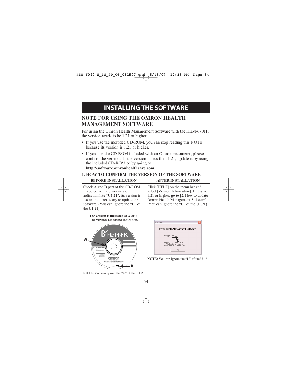 Installing the software | Omron Healthcare HEM670IT User Manual | Page 54 / 74