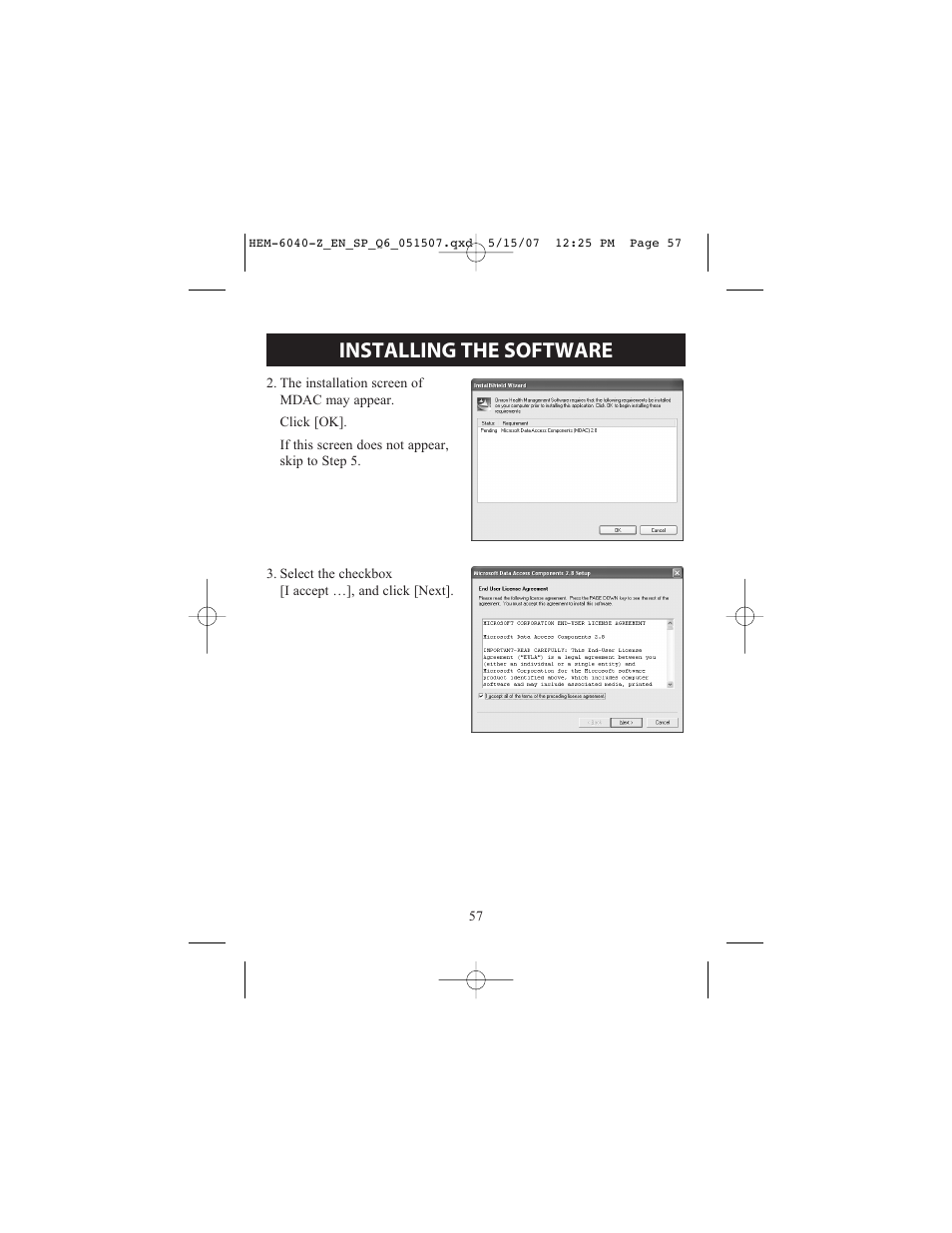 Installing the software | Omron Healthcare HEM670IT User Manual | Page 57 / 74