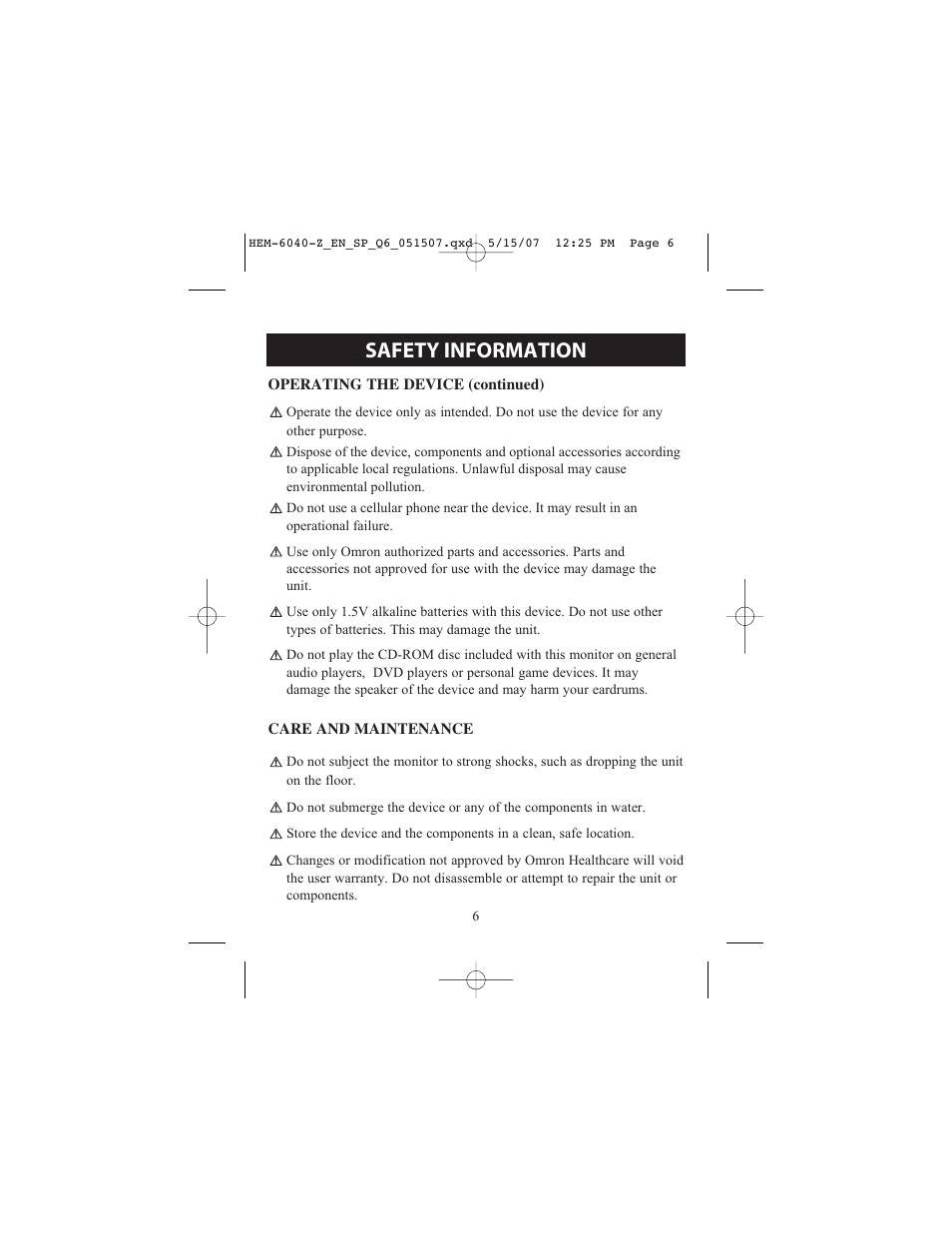 Safety information | Omron Healthcare HEM670IT User Manual | Page 6 / 74