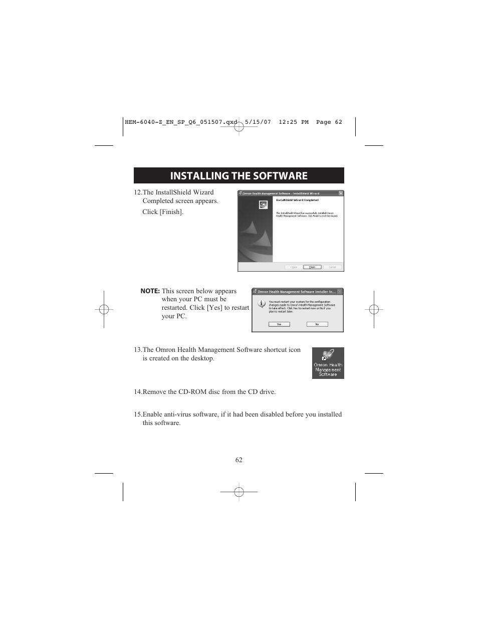 Installing the software | Omron Healthcare HEM670IT User Manual | Page 62 / 74