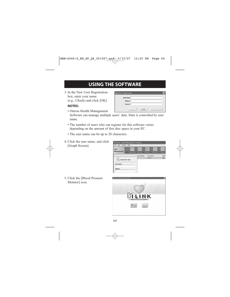 Using the software | Omron Healthcare HEM670IT User Manual | Page 64 / 74