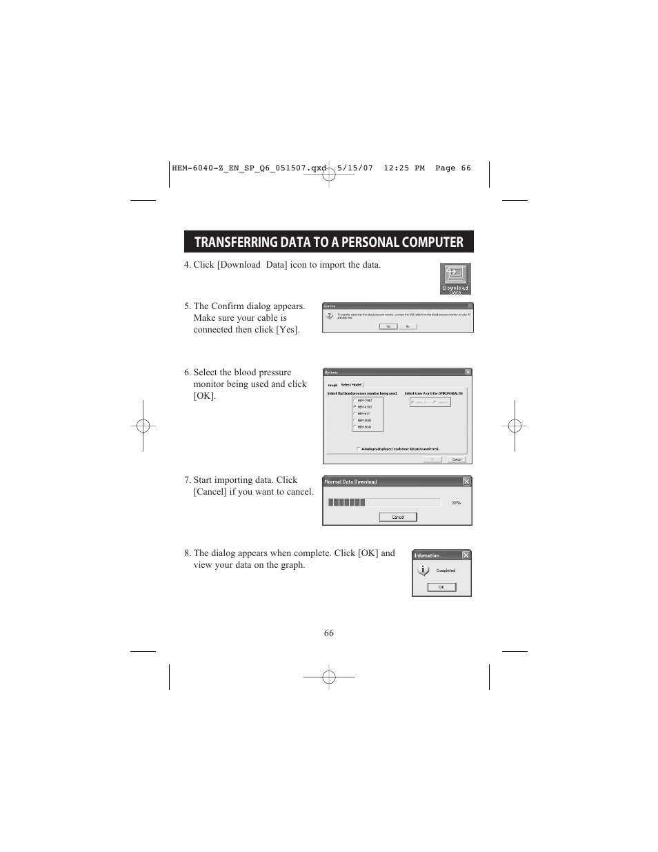 Transferring data to a personal computer | Omron Healthcare HEM670IT User Manual | Page 66 / 74