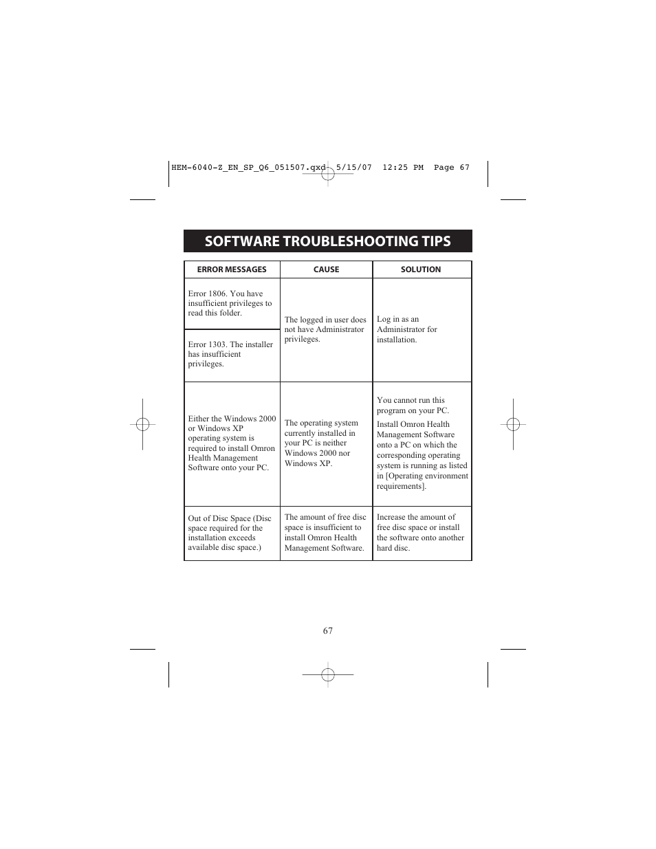 Software troubleshooting tips | Omron Healthcare HEM670IT User Manual | Page 67 / 74