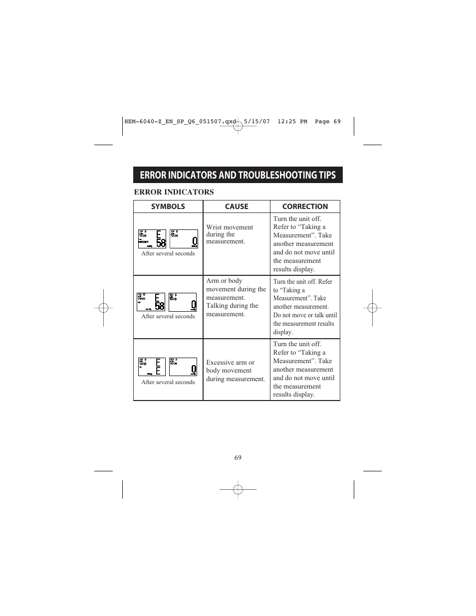 Error indicators and troubleshooting tips | Omron Healthcare HEM670IT User Manual | Page 69 / 74