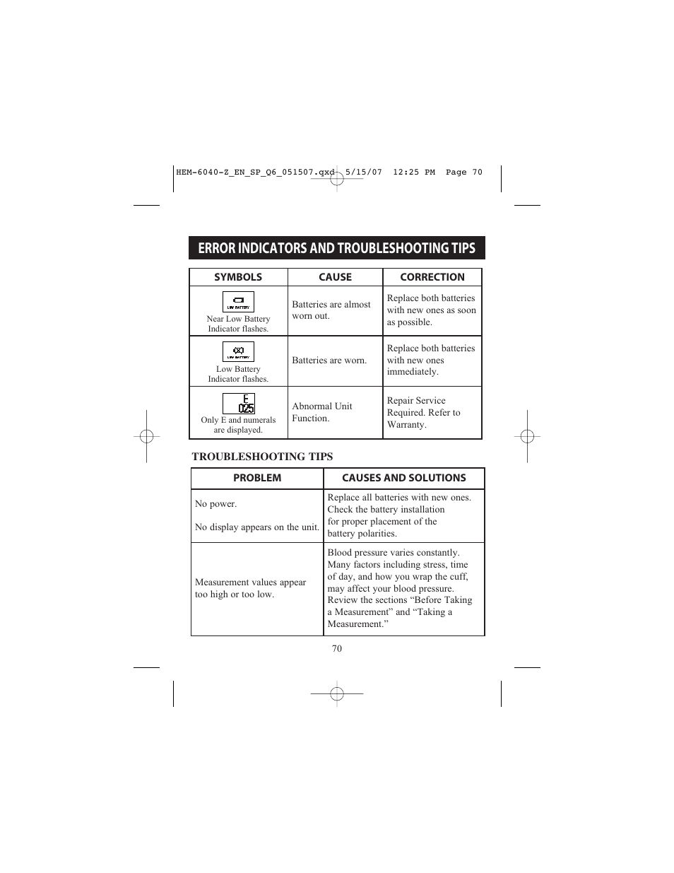 Error indicators and troubleshooting tips | Omron Healthcare HEM670IT User Manual | Page 70 / 74