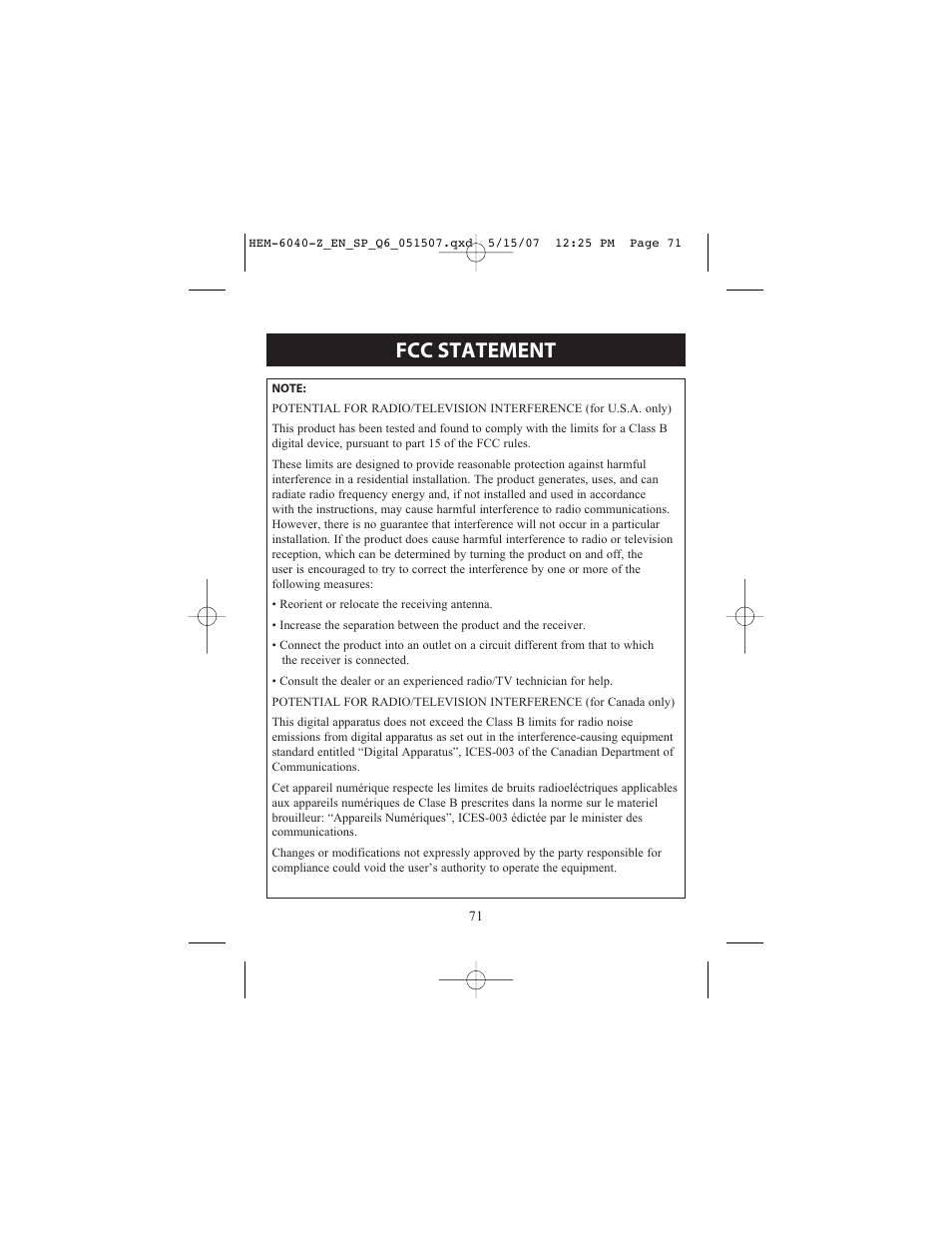 Fcc statement | Omron Healthcare HEM670IT User Manual | Page 71 / 74