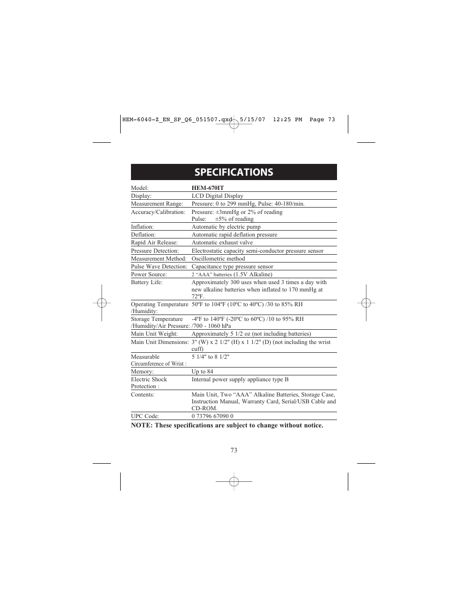 Specifications | Omron Healthcare HEM670IT User Manual | Page 73 / 74