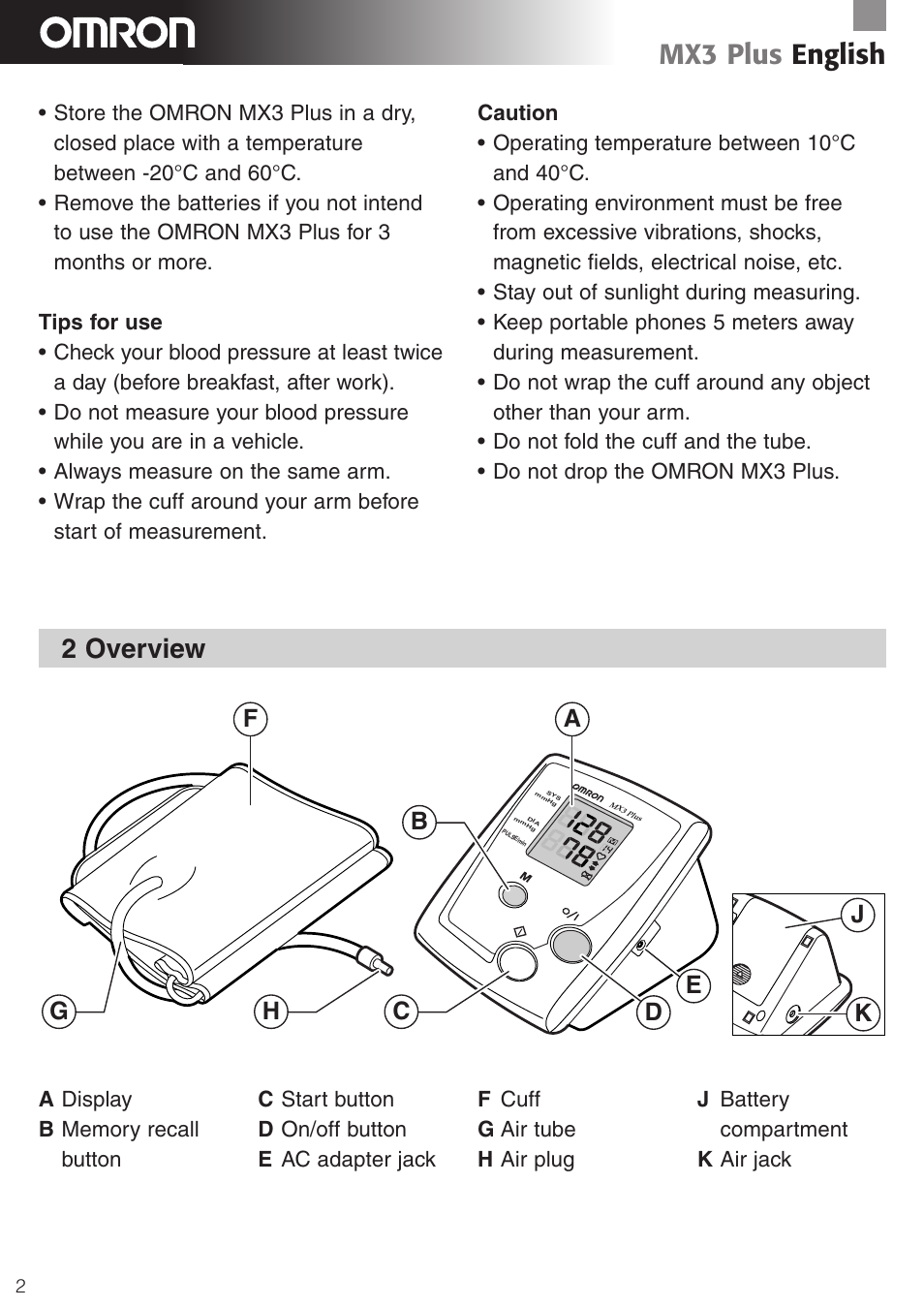 Mx3 plus english, 2 overview | Omron Healthcare MX3 Plus User Manual | Page 2 / 12
