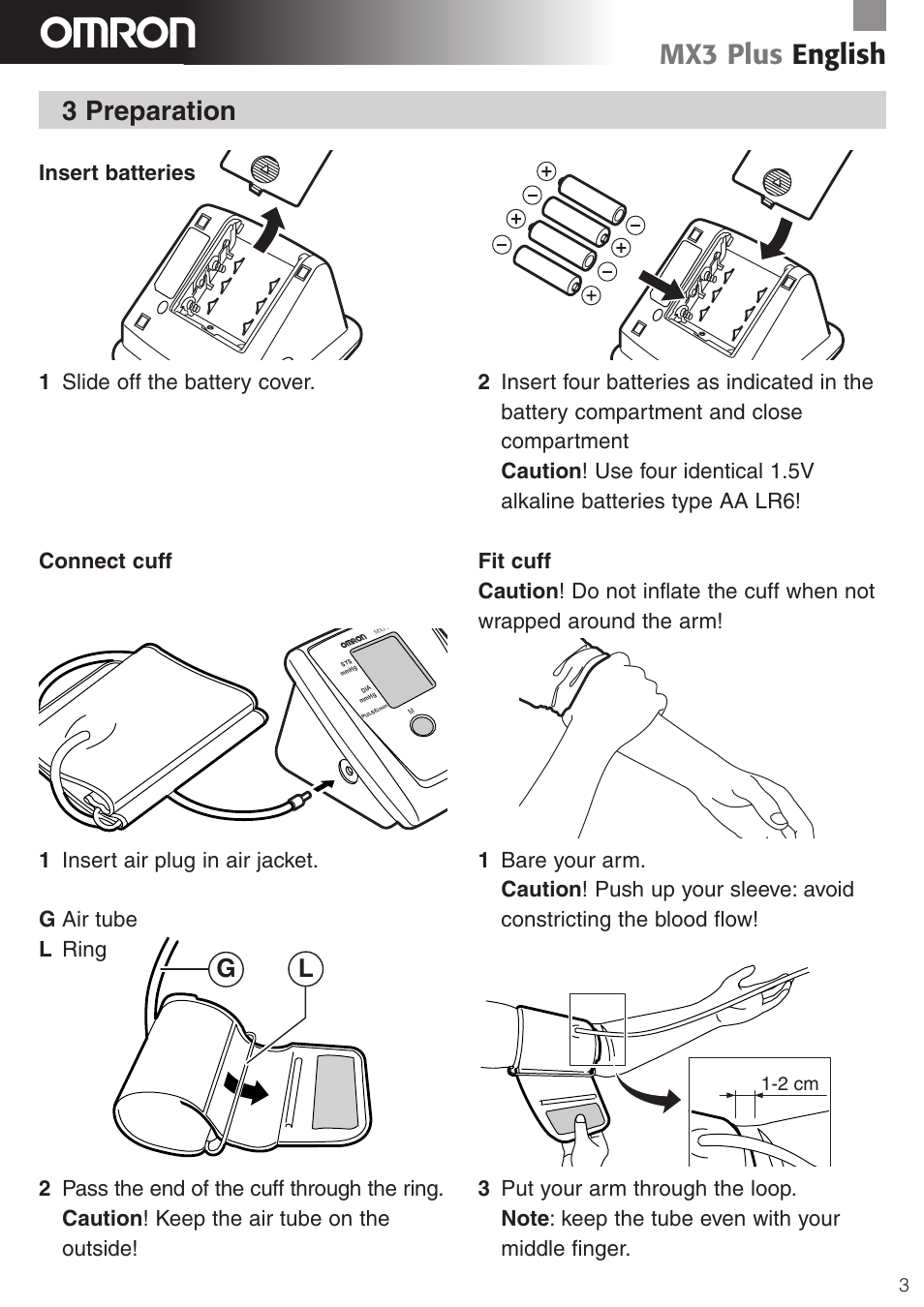 Mx3 plus english, 3 preparation | Omron Healthcare MX3 Plus User Manual | Page 3 / 12