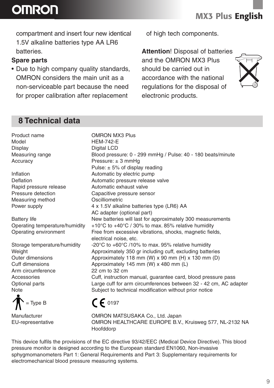 Mx3 plus english, 8 technical data | Omron Healthcare MX3 Plus User Manual | Page 9 / 12