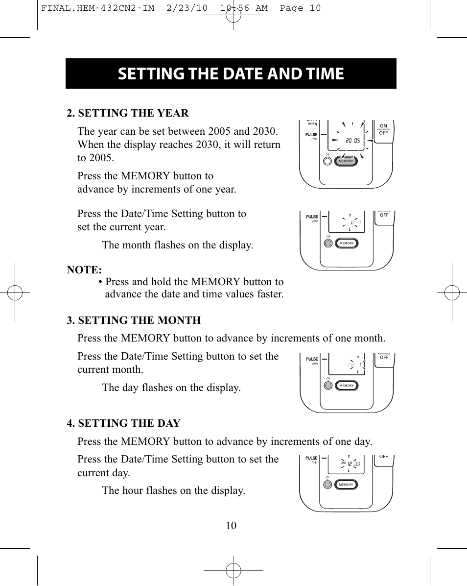 Setting the date and time | Omron Healthcare HEM-432C User Manual | Page 10 / 24