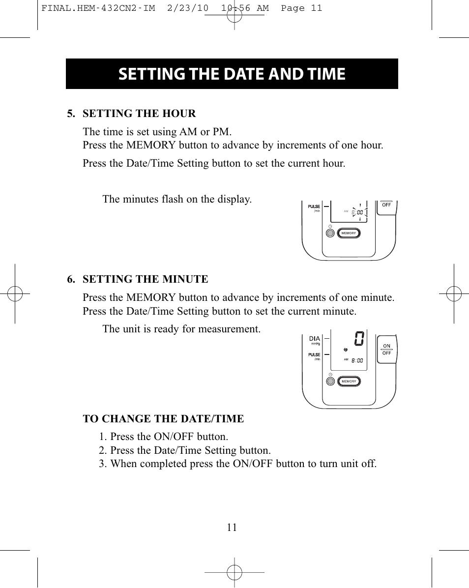 Setting the date and time | Omron Healthcare HEM-432C User Manual | Page 11 / 24