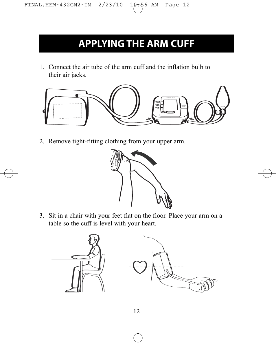 Applying the arm cuff | Omron Healthcare HEM-432C User Manual | Page 12 / 24
