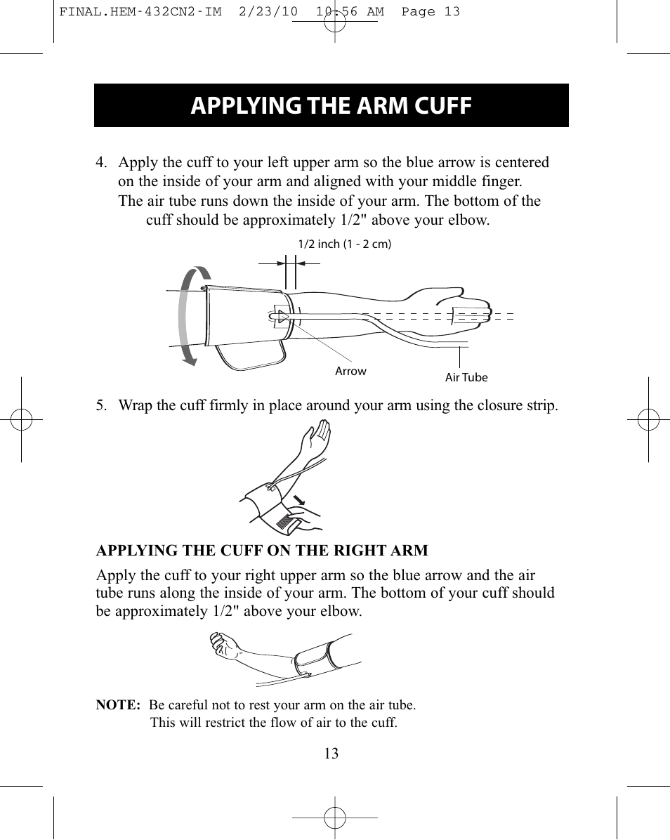 Applying the arm cuff | Omron Healthcare HEM-432C User Manual | Page 13 / 24