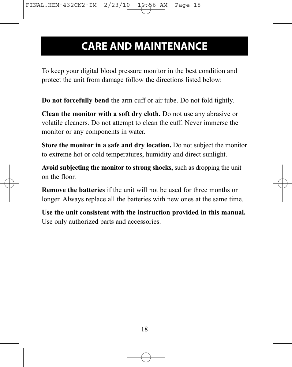 Care and maintenance | Omron Healthcare HEM-432C User Manual | Page 18 / 24