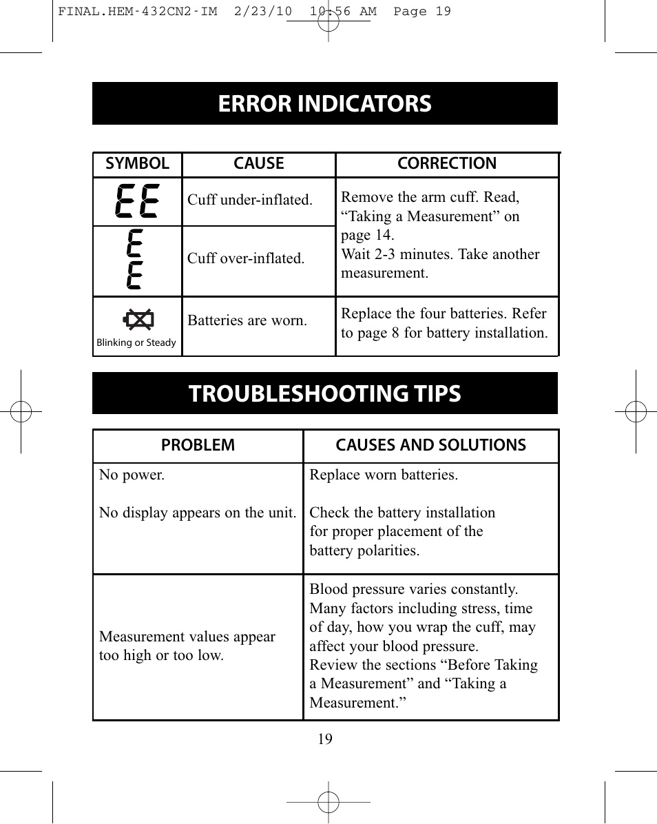 Error indicators, Troubleshooting tips | Omron Healthcare HEM-432C User Manual | Page 19 / 24