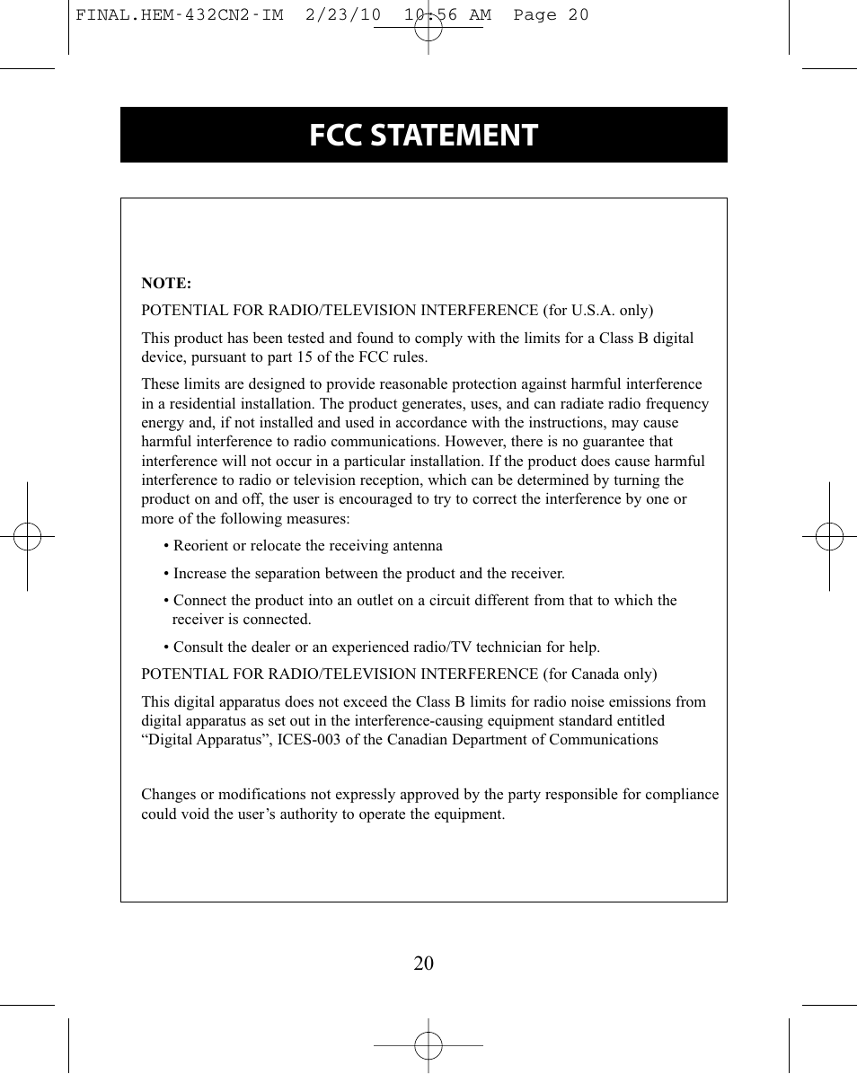 Fcc statement | Omron Healthcare HEM-432C User Manual | Page 20 / 24