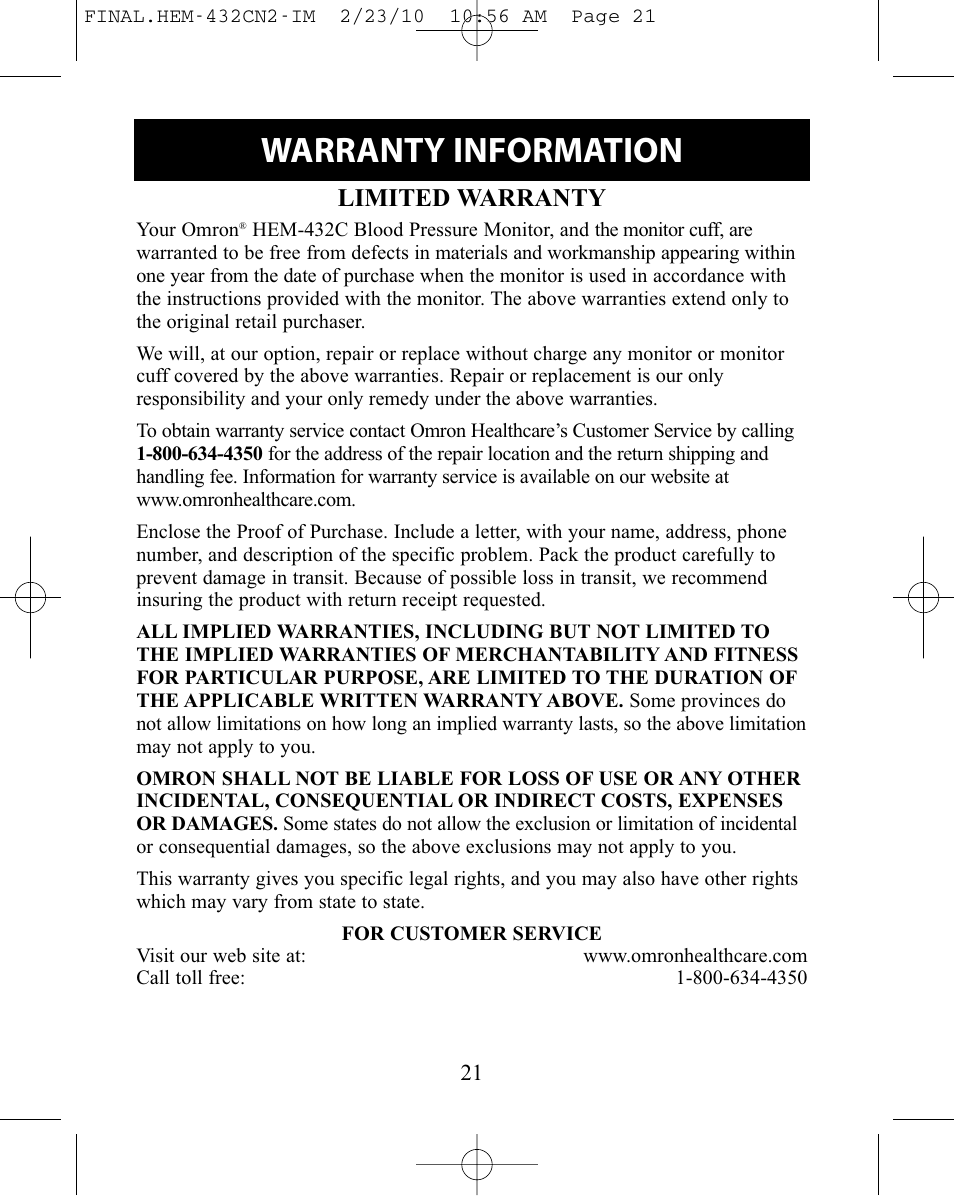 Warranty information, Limited warranty | Omron Healthcare HEM-432C User Manual | Page 21 / 24
