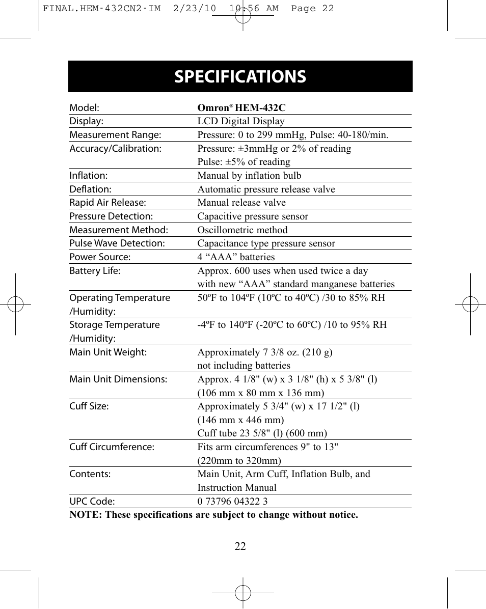 Specifications | Omron Healthcare HEM-432C User Manual | Page 22 / 24