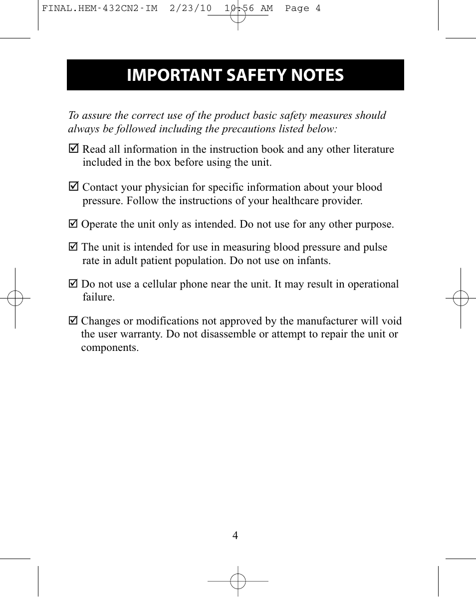 Important safety notes | Omron Healthcare HEM-432C User Manual | Page 4 / 24