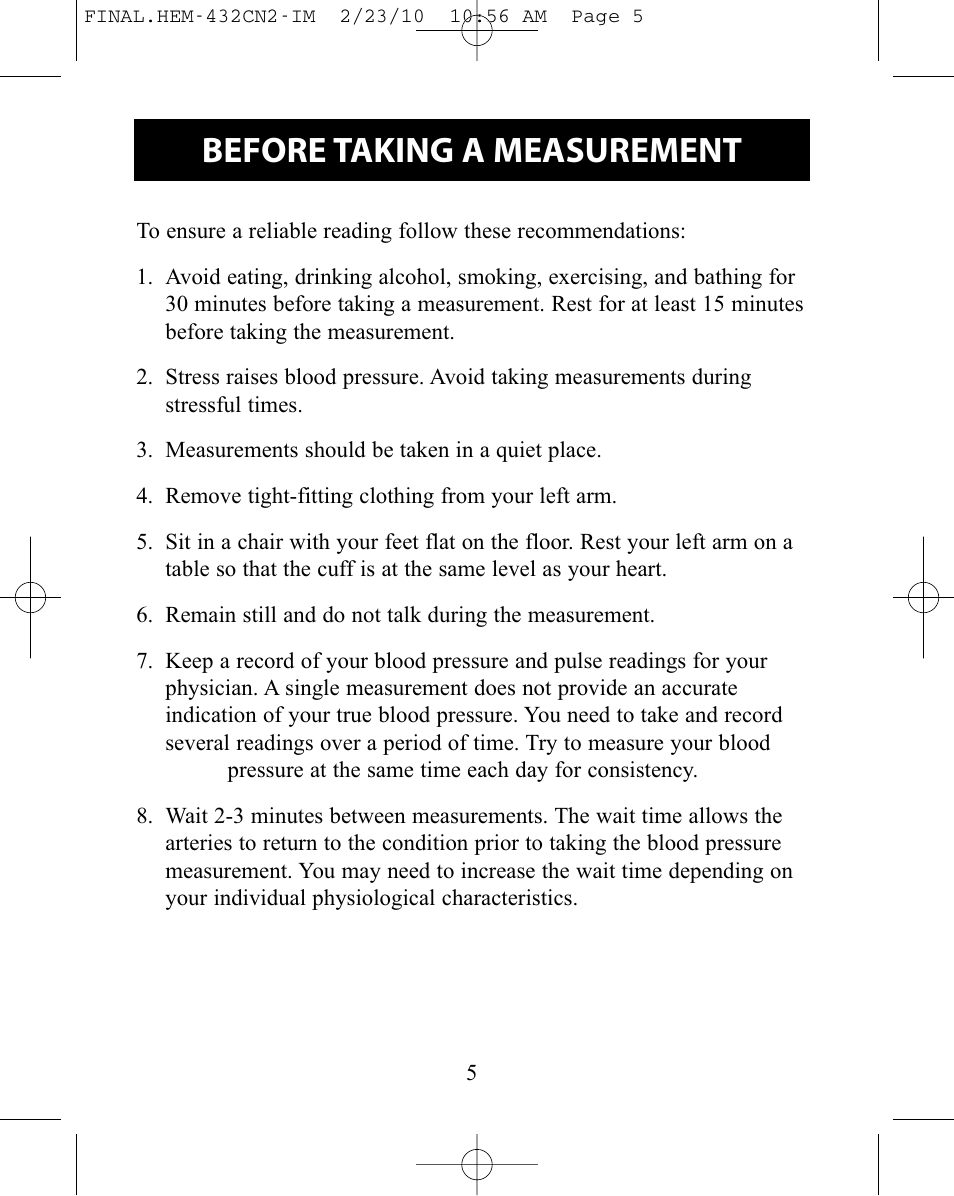 Before taking a measurement | Omron Healthcare HEM-432C User Manual | Page 5 / 24