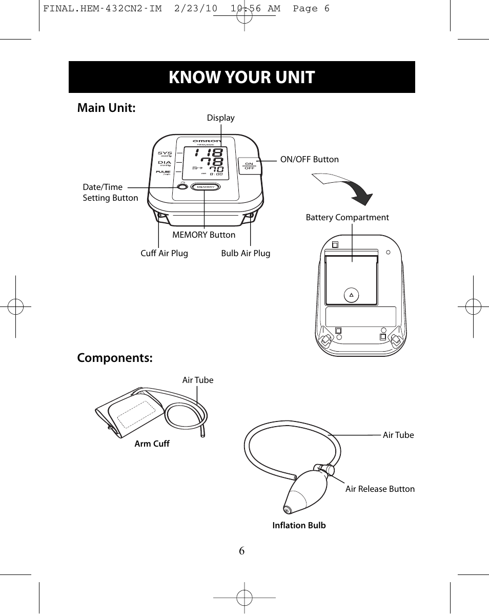 Operating instructions, Know your unit, Main unit | Components | Omron Healthcare HEM-432C User Manual | Page 6 / 24