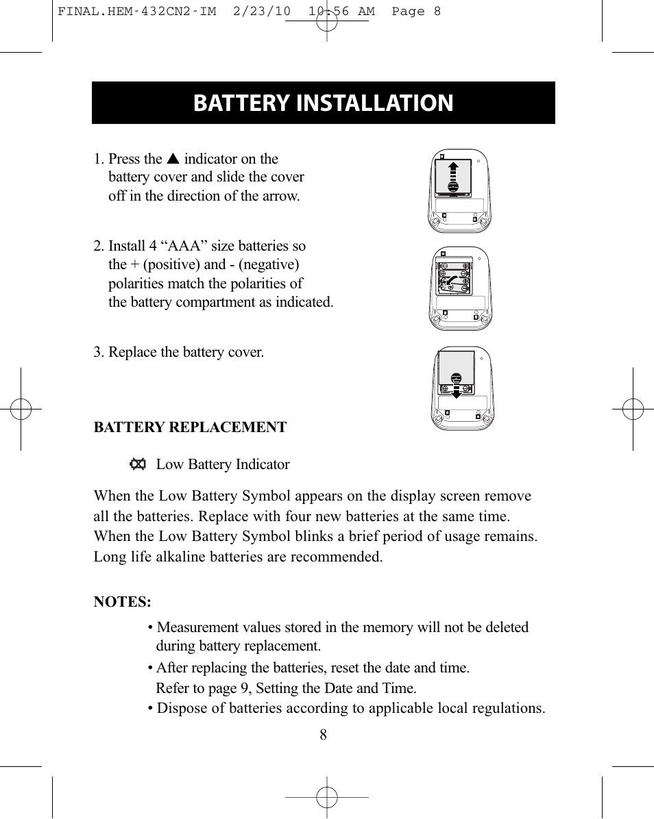 Battery installation | Omron Healthcare HEM-432C User Manual | Page 8 / 24